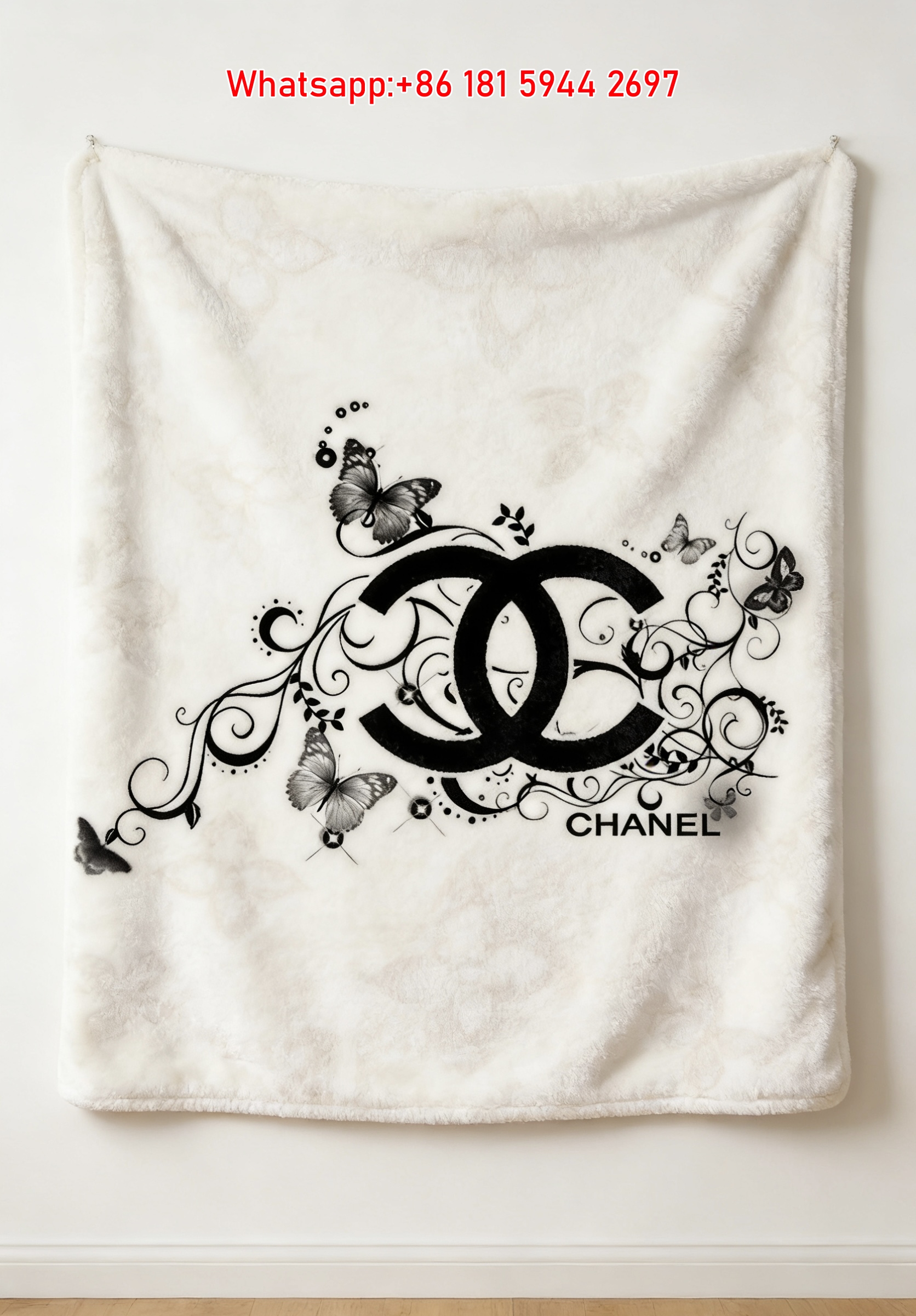 Chanel Flannel Throw Blanket Butterfly Floral Logo Print IMG_7336